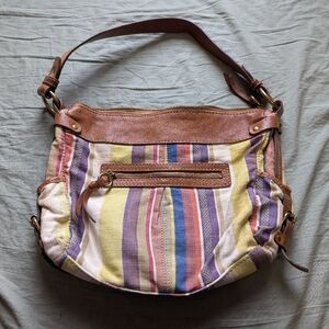 Y2K Fossil Multicolor Striped Leather and Canvas Shoulder Bag